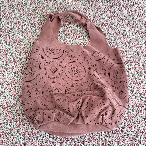 Sundance Delight Laser-Cut Suede Boho Tote Bag in Dusty Pink - Picture 10 of 10